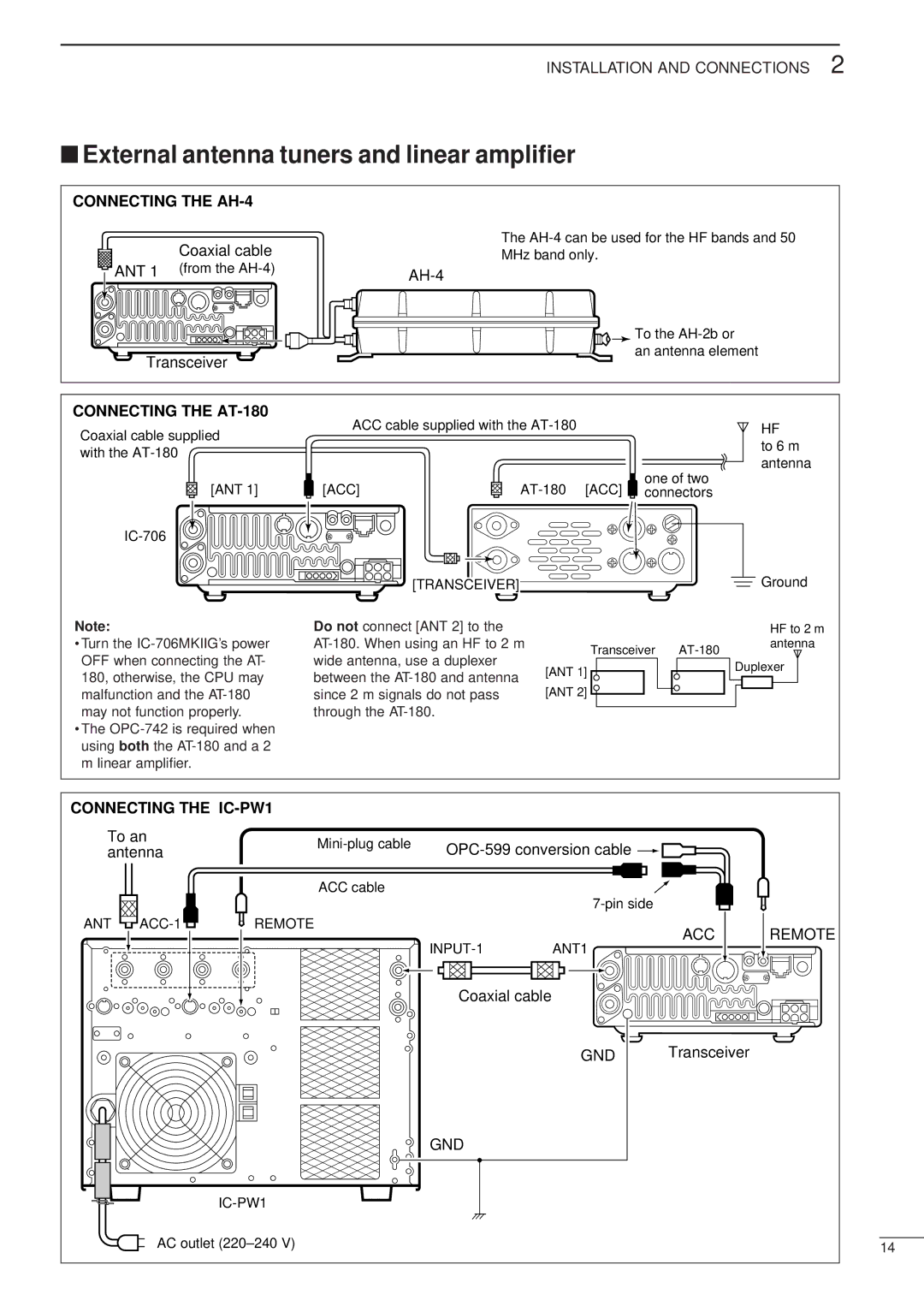 Icom HF/VHF/UHF ALL MODE TRANSCEIVER, iC-706MKTMG manual External antenna tuners and linear ampliﬁer, Connecting the AH-4 