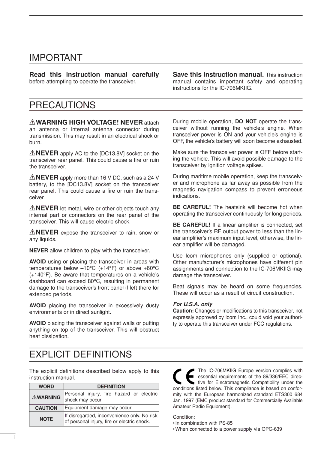 Icom iC-706MKTMG, HF/VHF/UHF ALL MODE TRANSCEIVER manual Precautions, Word Definition Rwarning 