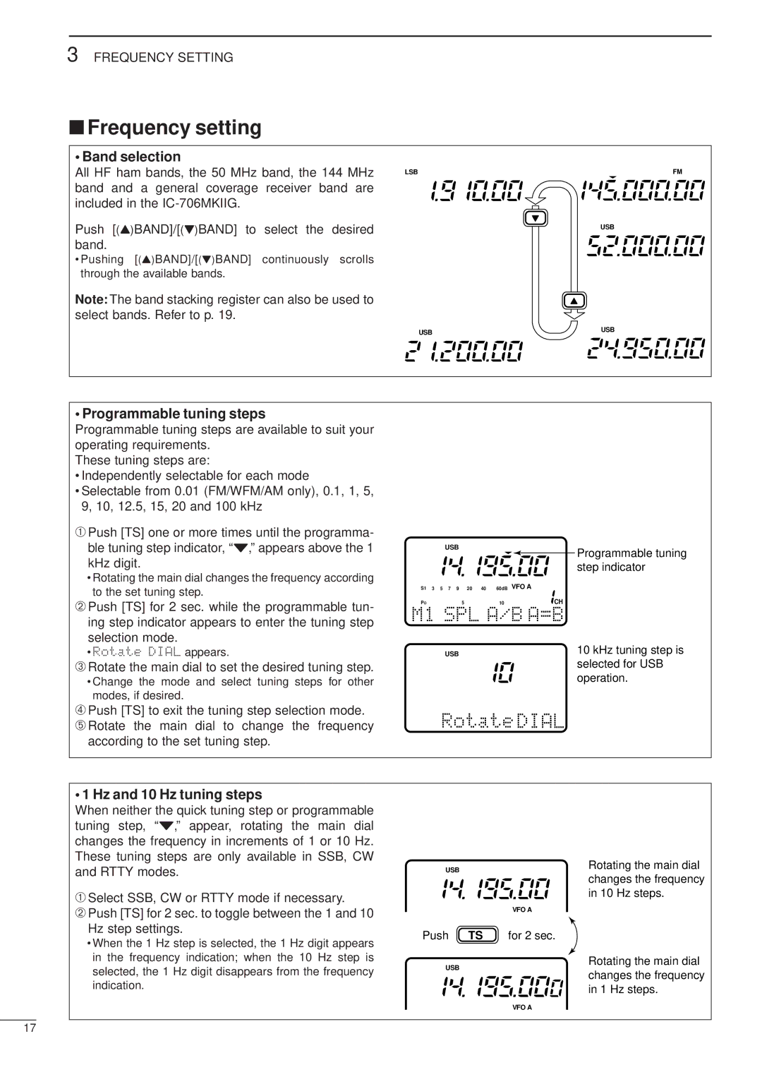 Icom iC-706MKTMG manual Frequency setting, Band selection, Programmable tuning steps, Hz and 10 Hz tuning steps 