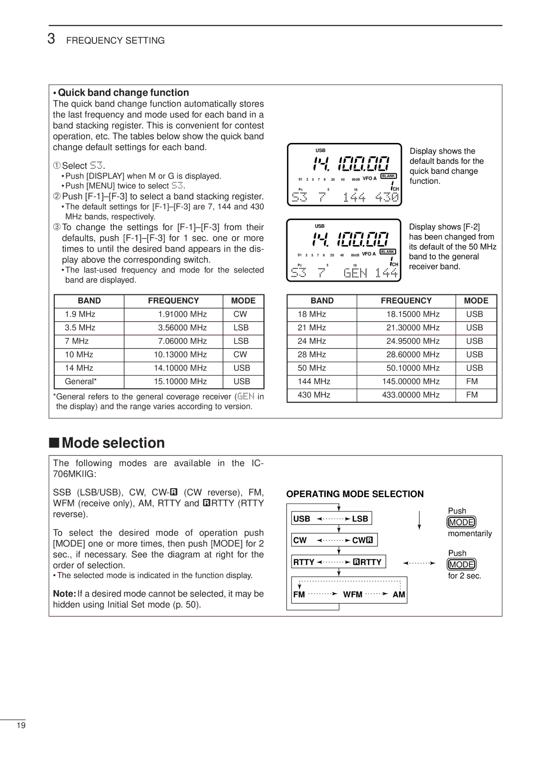 Icom iC-706MKTMG manual Mode selection, Quick band change function, ➁ Push F-1-F-3 to select a band stacking register 