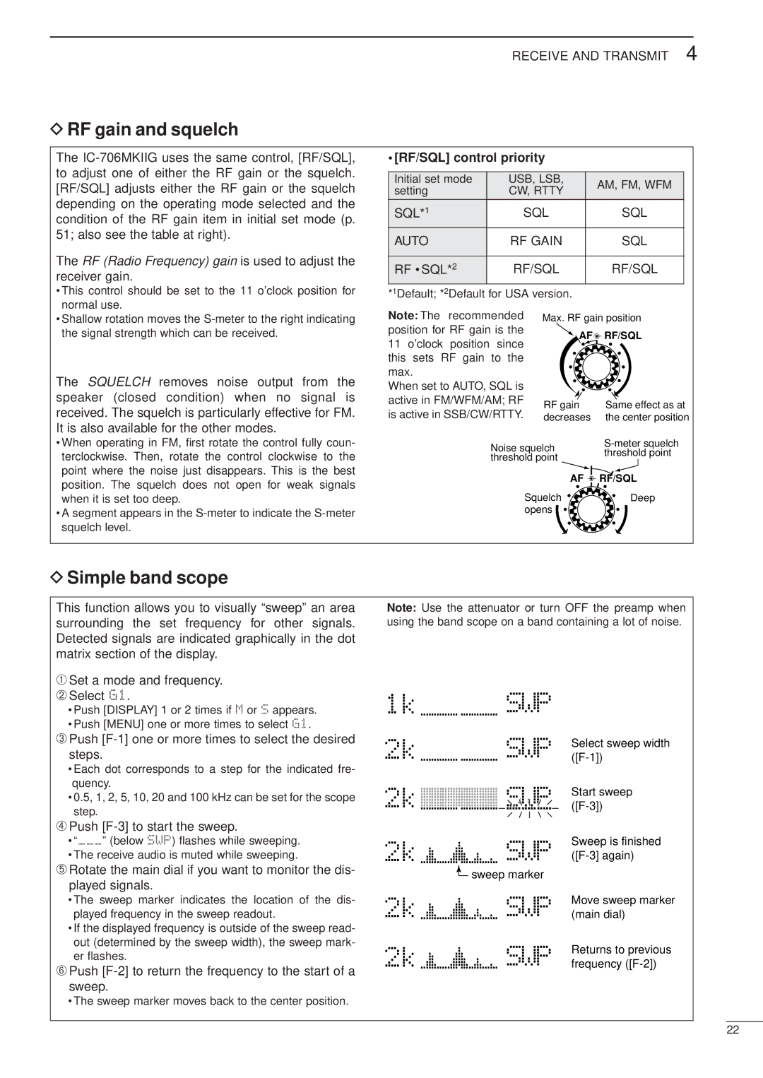 Icom HF/VHF/UHF ALL MODE TRANSCEIVER, iC-706MKTMG manual RF gain and squelch, Simple band scope, RF/SQL control priority 