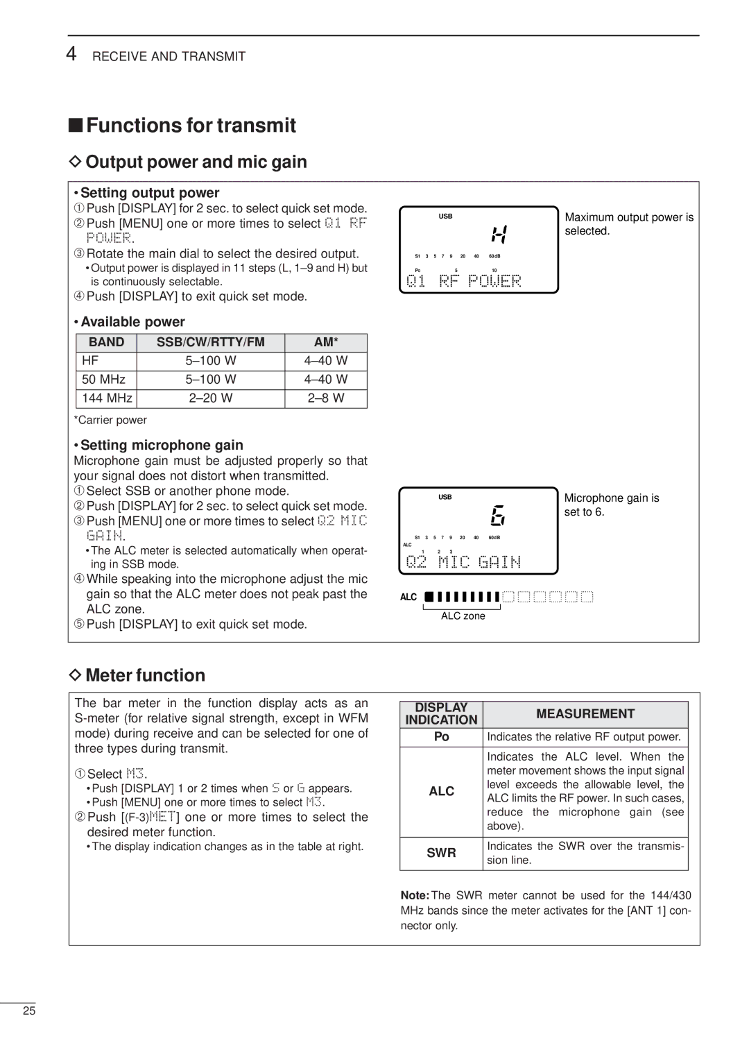 Icom iC-706MKTMG, HF/VHF/UHF ALL MODE TRANSCEIVER manual Functions for transmit, Output power and mic gain, DMeter function 