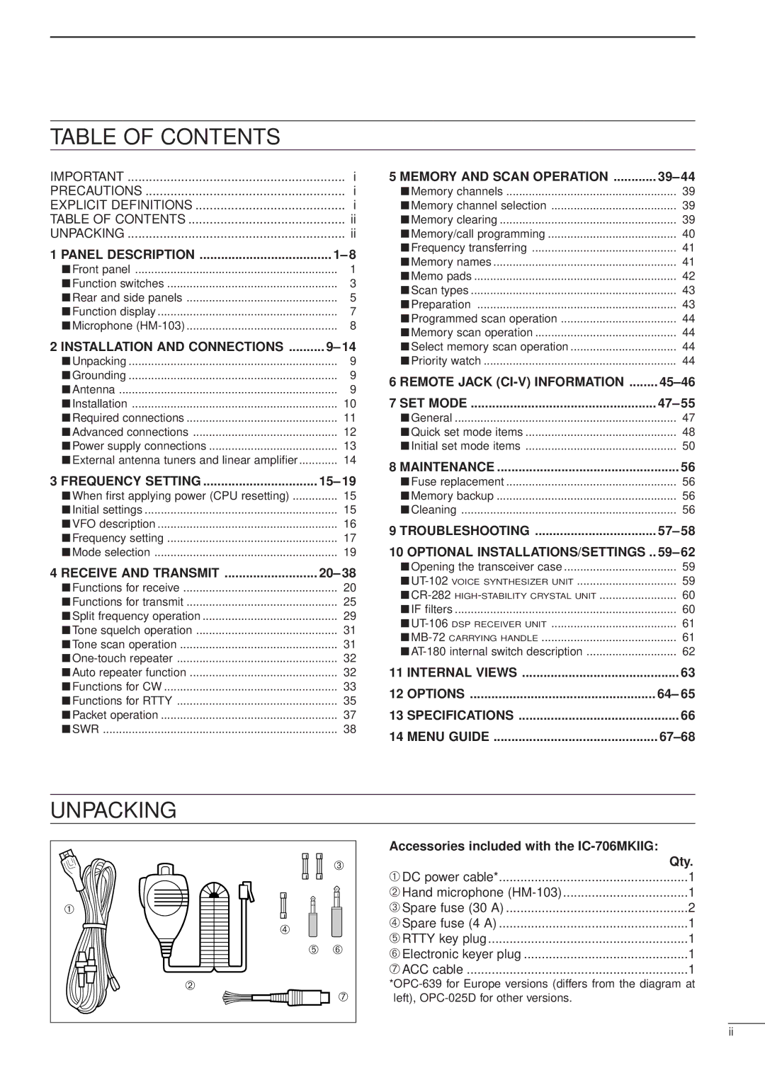 Icom HF/VHF/UHF ALL MODE TRANSCEIVER, iC-706MKTMG manual Table of Contents 