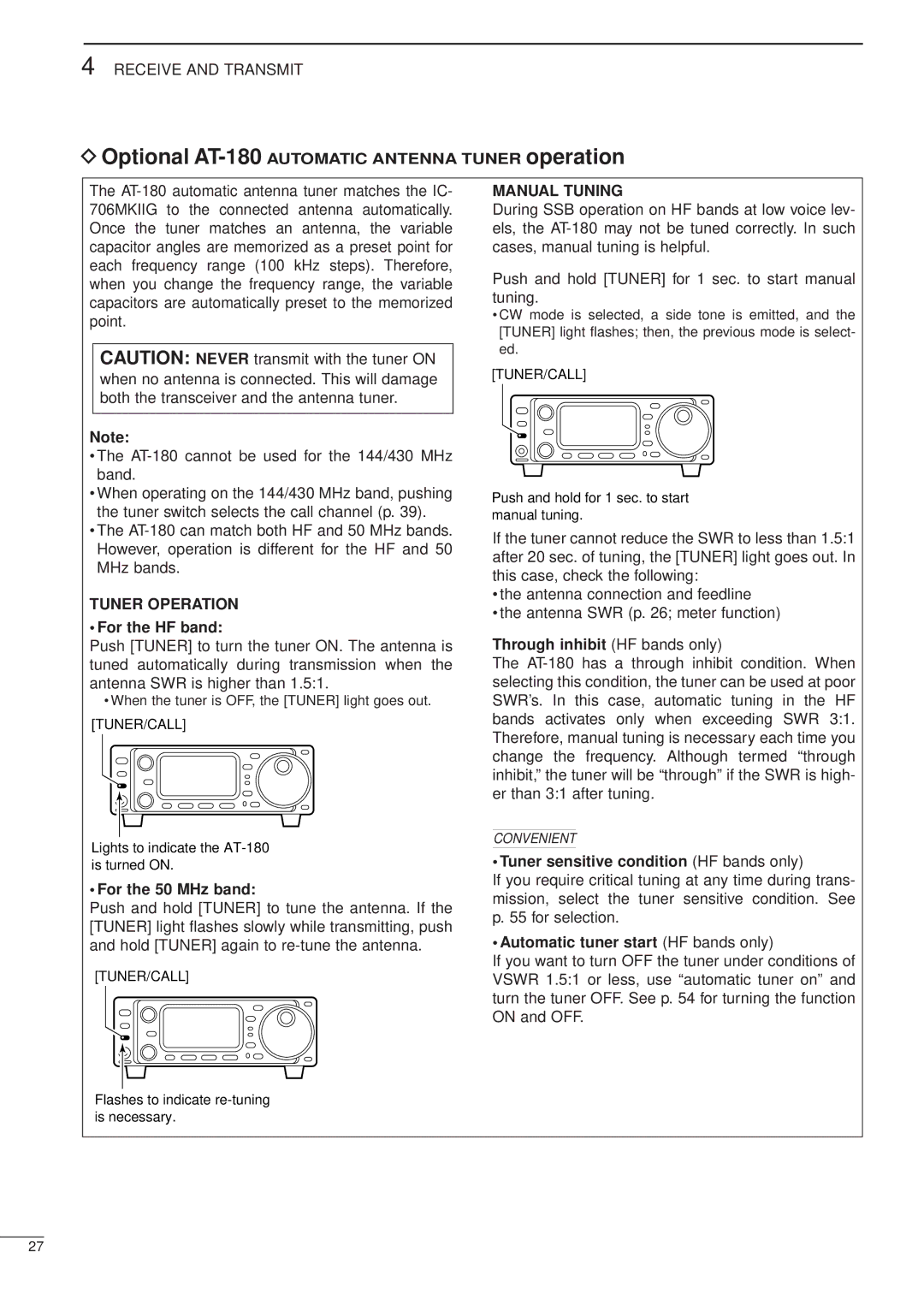 Icom iC-706MKTMG manual Optional AT-180 Automatic Antenna Tuner operation, Tuner Operation, Manual Tuning 