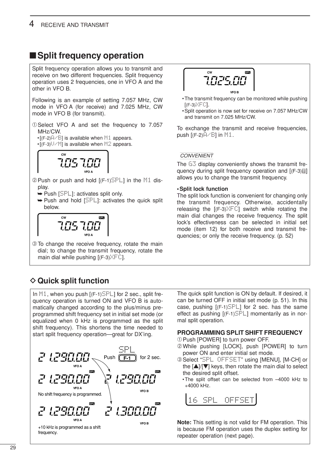 Icom iC-706MKTMG Split frequency operation, Quick split function, ➀ Select VFO a and set the frequency to 7.057 MHz/CW 