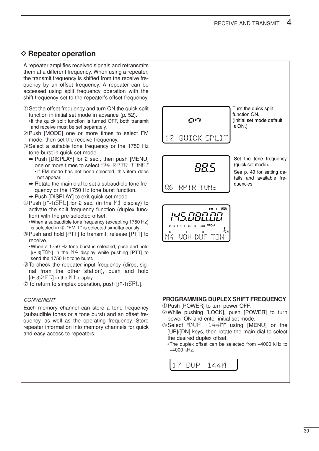 Icom HF/VHF/UHF ALL MODE TRANSCEIVER manual Repeater operation, ➄ Push and hold PTT to transmit release PTT to receive 