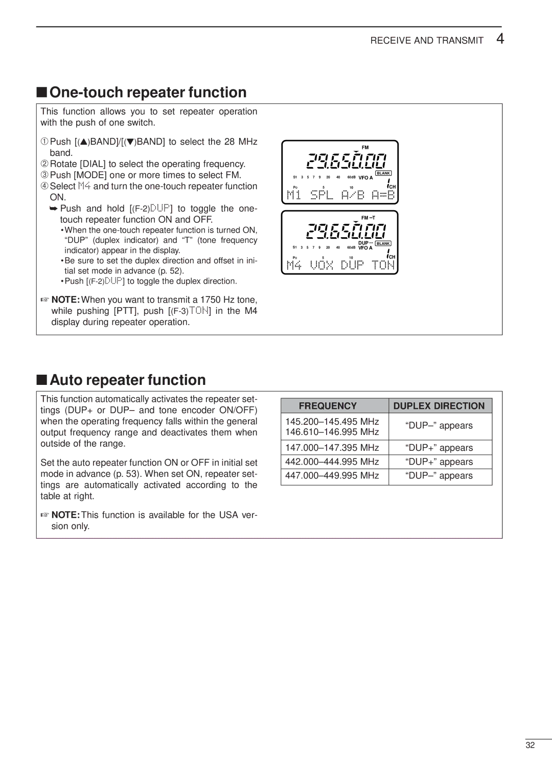 Icom HF/VHF/UHF ALL MODE TRANSCEIVER manual One-touch repeater function, Auto repeater function, Frequency Duplex Direction 