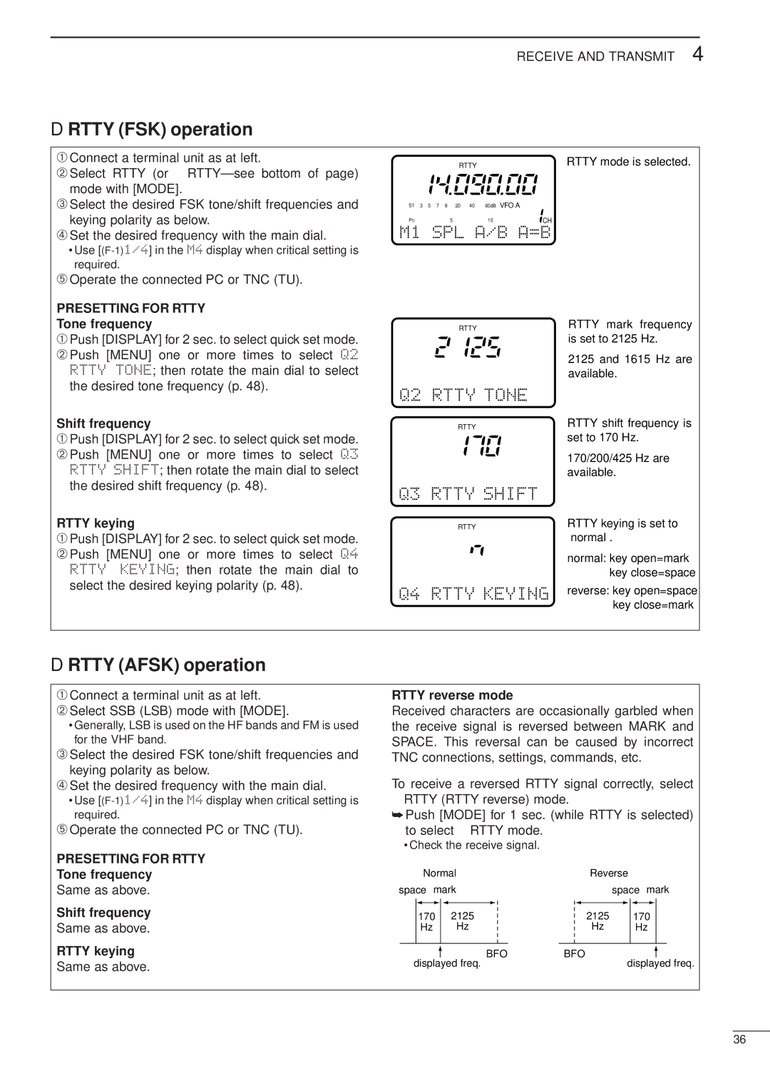 Icom HF/VHF/UHF ALL MODE TRANSCEIVER, iC-706MKTMG manual Rtty FSK operation, Rtty Afsk operation, Presetting for Rtty 