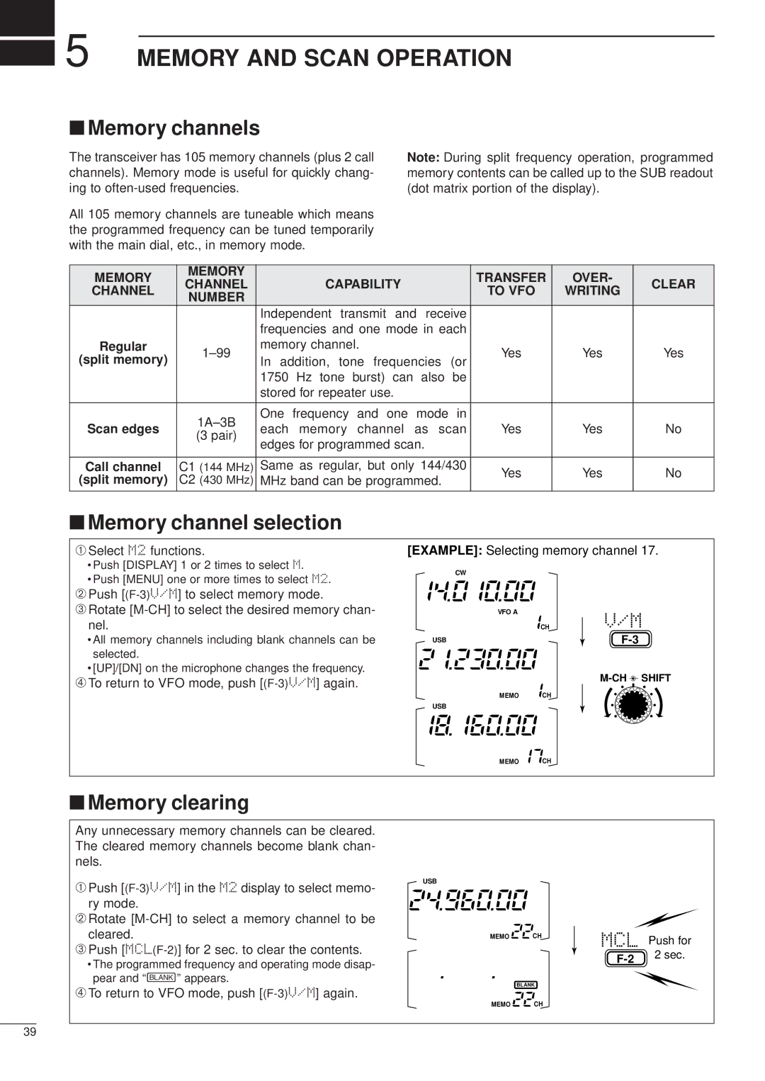 Icom iC-706MKTMG manual Memory and Scan Operation, Memory channels, Memory channel selection, Memory clearing 