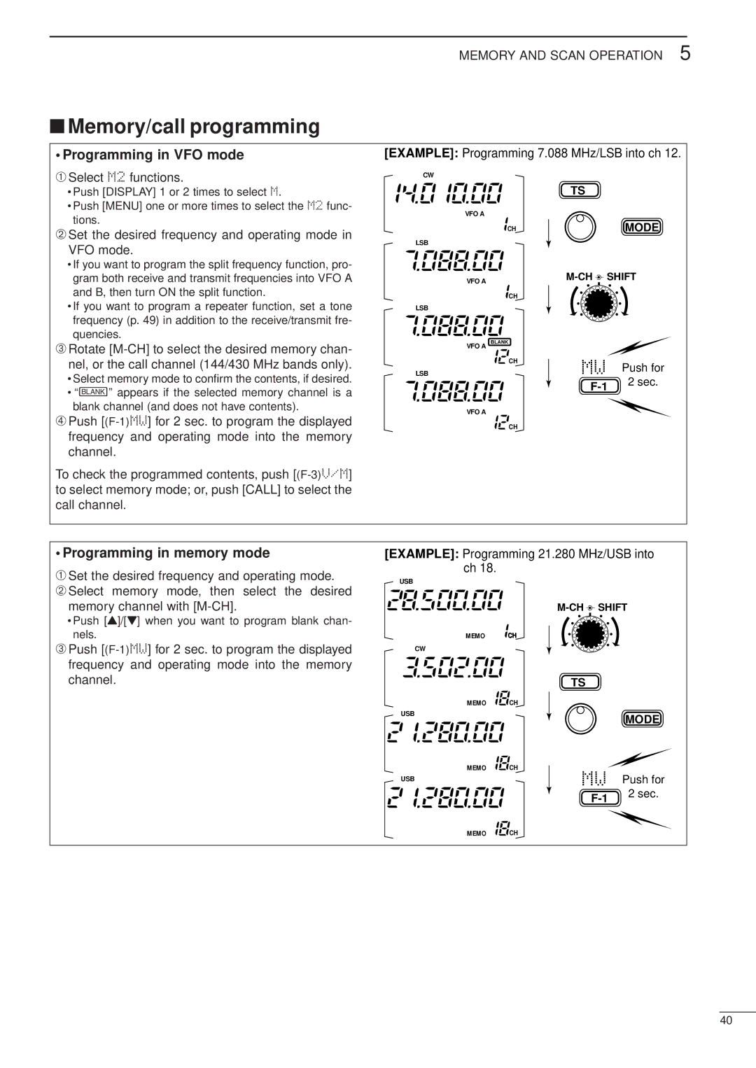 Icom HF/VHF/UHF ALL MODE TRANSCEIVER manual Memory/call programming, Programming in VFO mode, Programming in memory mode 