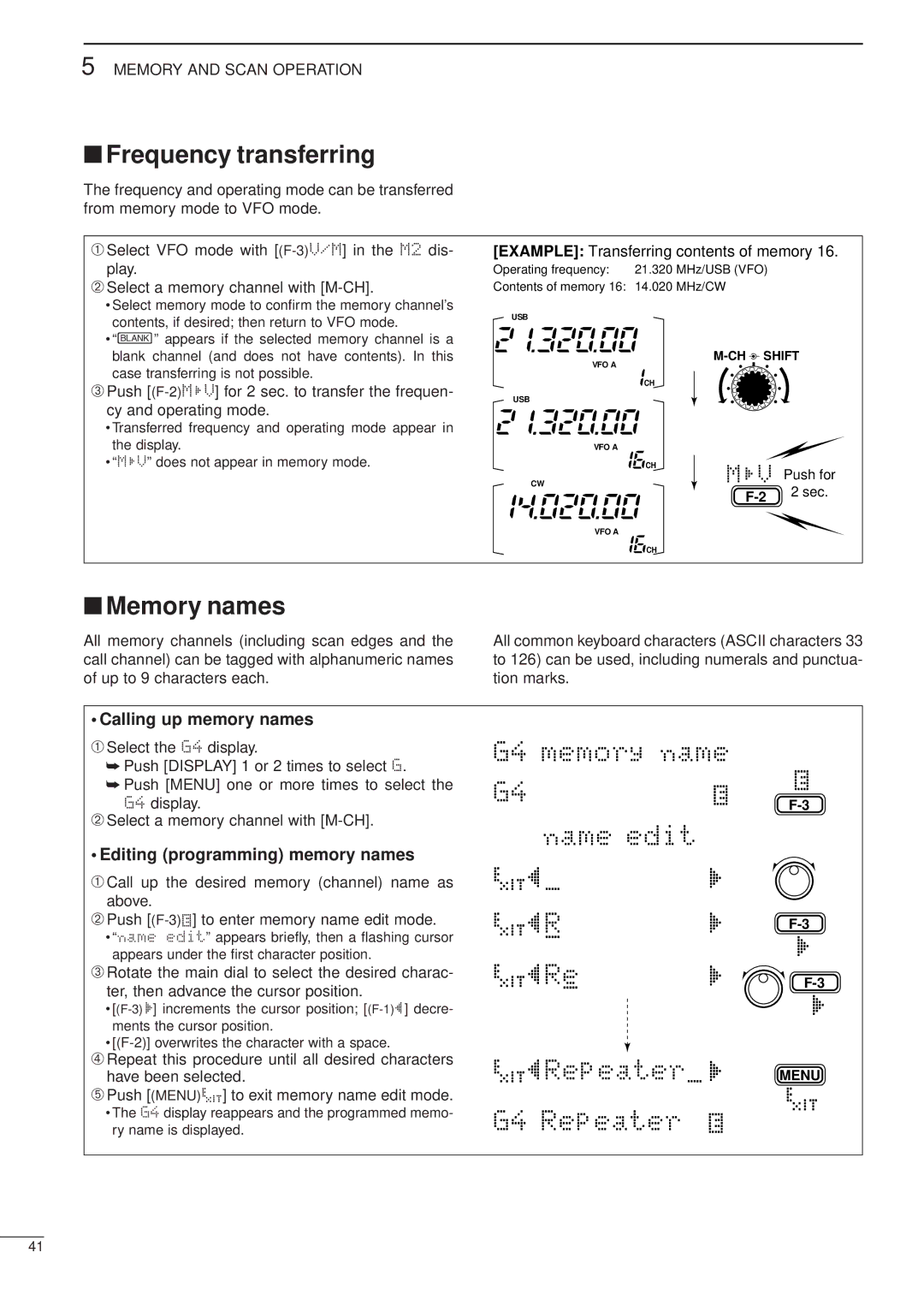 Icom iC-706MKTMG manual Frequency transferring, Memory names, Calling up memory names, Editing programming memory names 