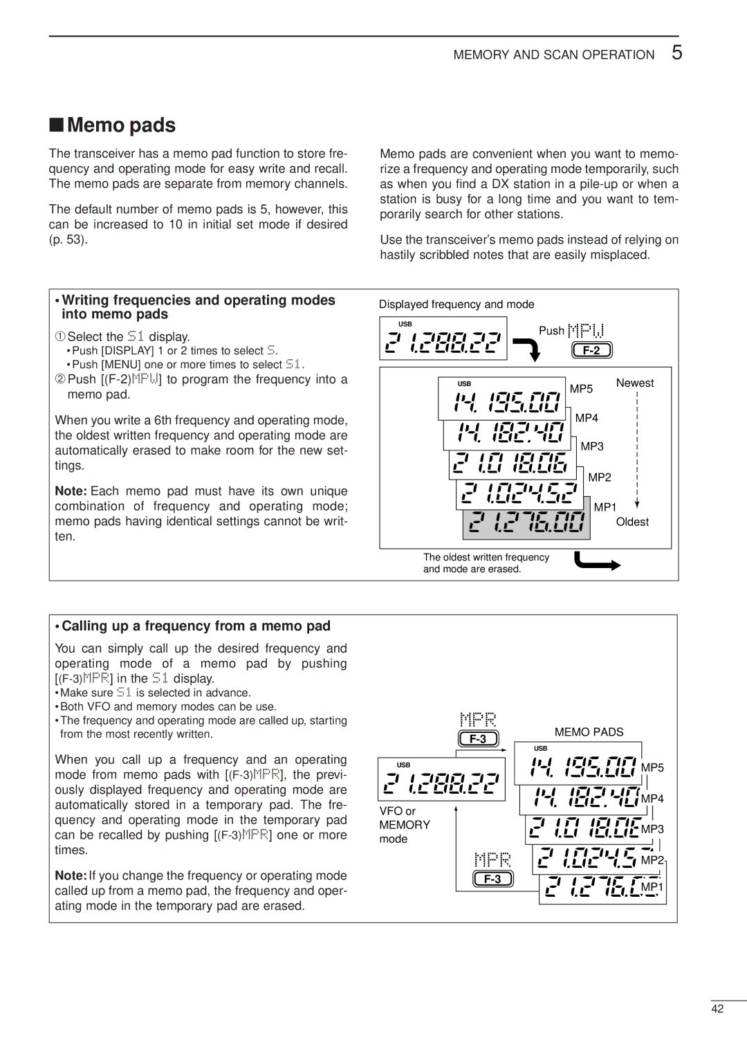 Icom HF/VHF/UHF ALL MODE TRANSCEIVER, iC-706MKTMG manual Memo pads, Writing frequencies and operating modes into memo pads 