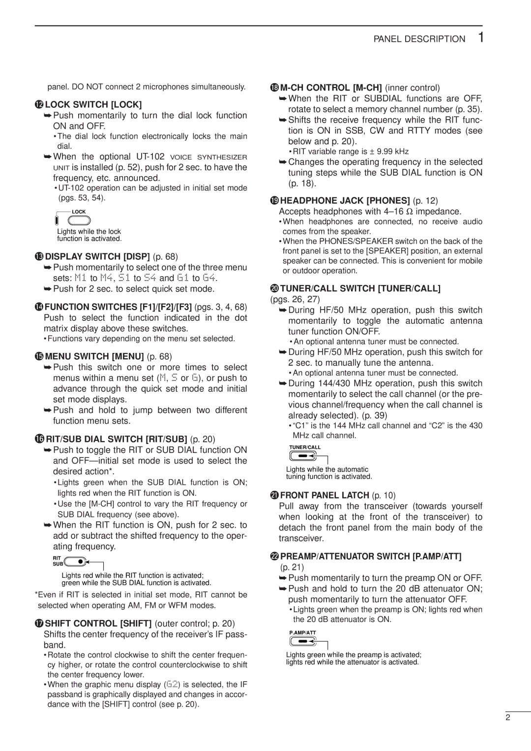 Icom HF/VHF/UHF ALL MODE TRANSCEIVER, iC-706MKTMG manual 2LOCK Switch Lock, @2PREAMP/ATTENUATOR Switch P.AMP/ATT 