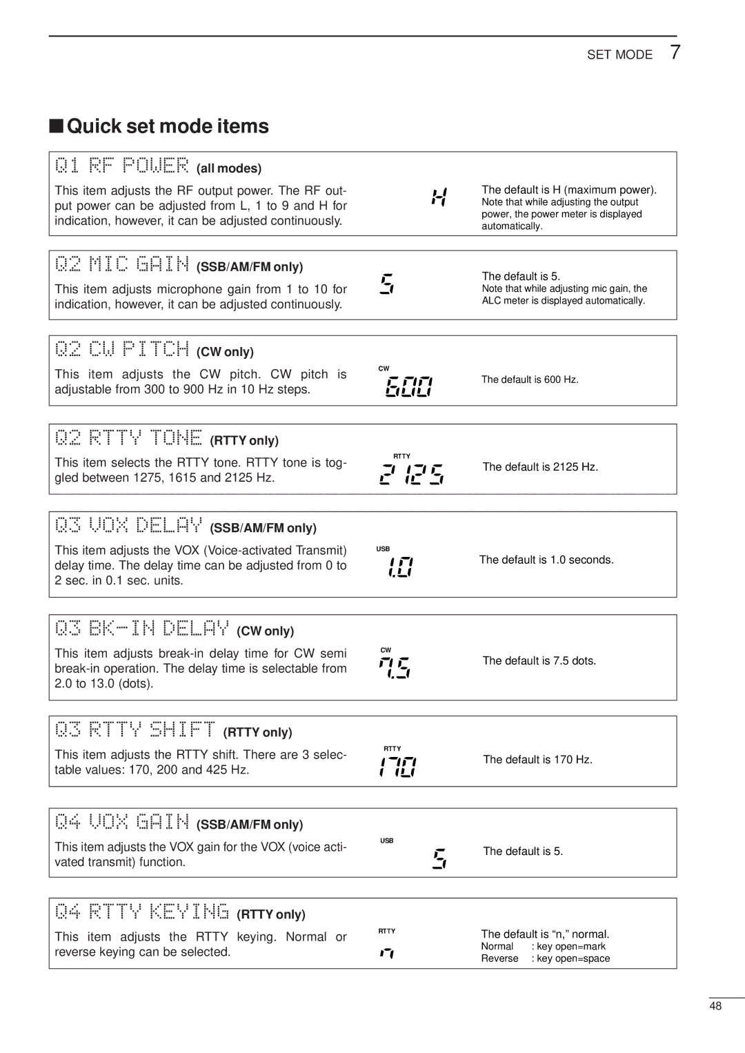 Icom HF/VHF/UHF ALL MODE TRANSCEIVER manual Quick set mode items, Q2 MIC Gain SSB/AM/FM only, Q3 VOX Delay SSB/AM/FM only 