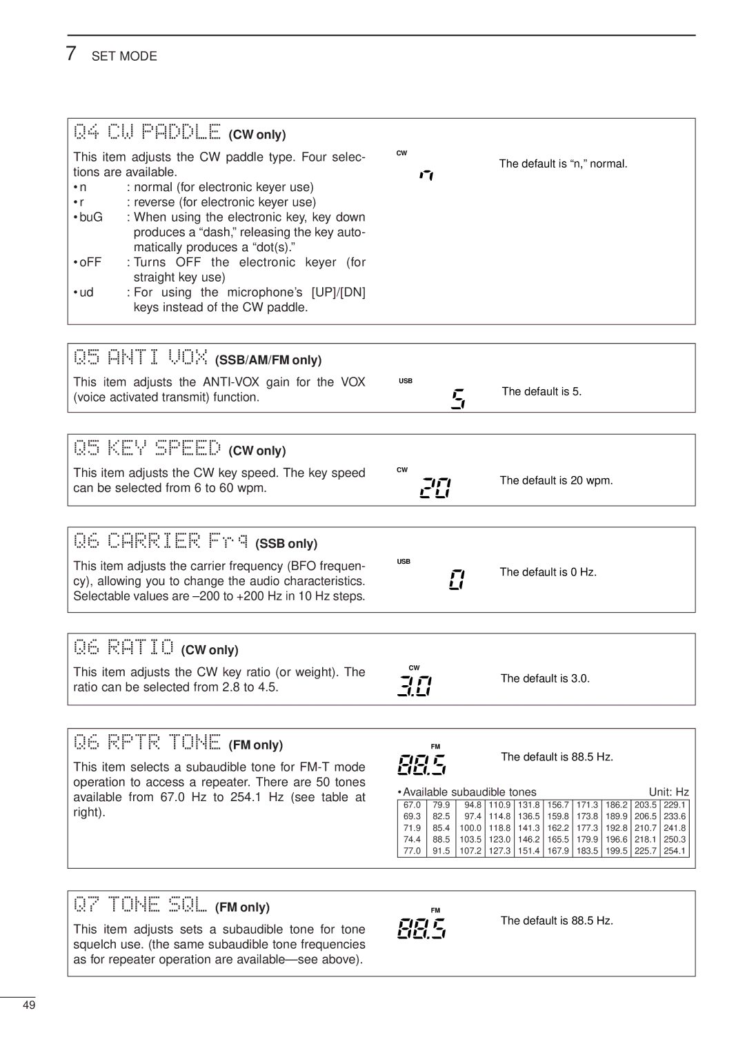 Icom iC-706MKTMG, HF/VHF/UHF ALL MODE TRANSCEIVER manual Q5 Anti VOX SSB/AM/FM only 