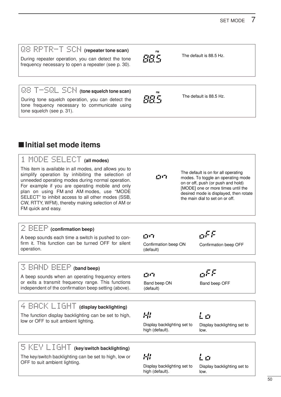 Icom HF/VHF/UHF ALL MODE TRANSCEIVER, iC-706MKTMG manual Initial set mode items 