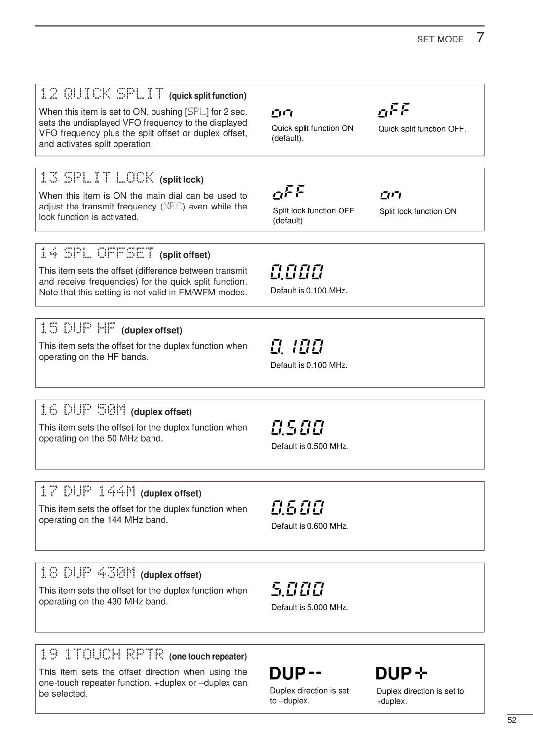 Icom HF/VHF/UHF ALL MODE TRANSCEIVER Quick Split quick split function, Split Lock split lock, SPL Offset split offset 