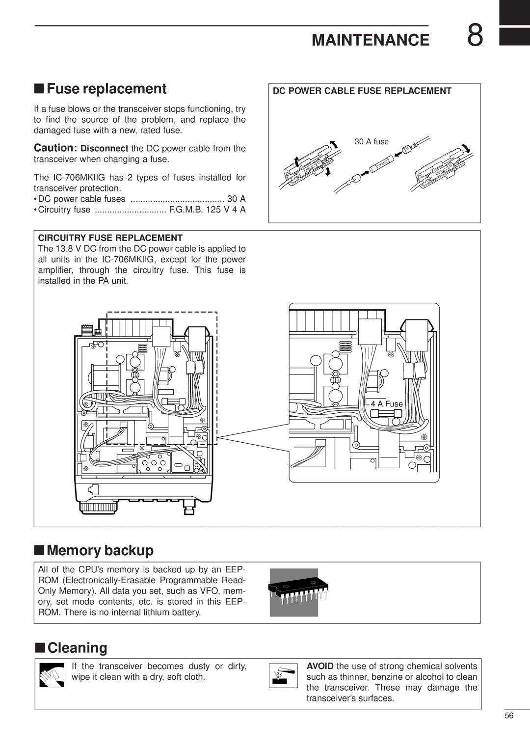 Icom HF/VHF/UHF ALL MODE TRANSCEIVER, iC-706MKTMG manual Maintenance, Fuse replacement, Memory backup, Cleaning 