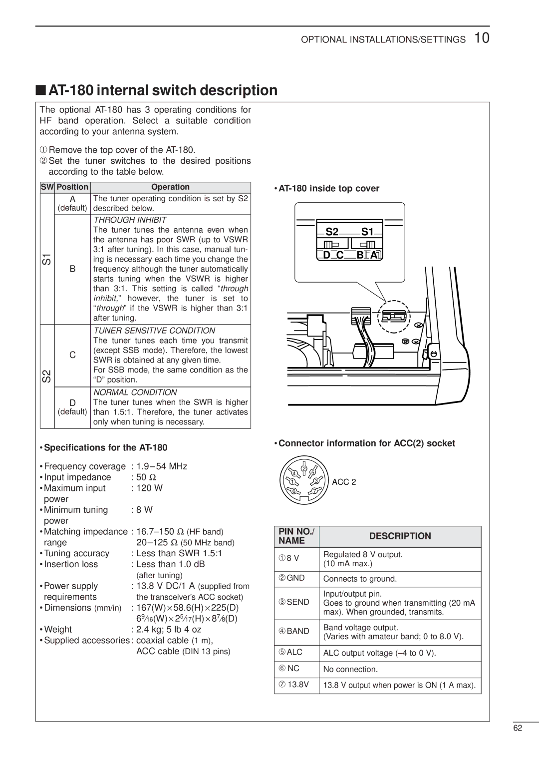 Icom HF/VHF/UHF ALL MODE TRANSCEIVER, iC-706MKTMG AT-180 internal switch description, S2 S1 B a, PIN no Description Name 