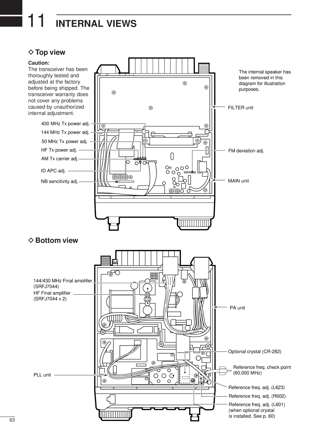 Icom iC-706MKTMG, HF/VHF/UHF ALL MODE TRANSCEIVER manual Internal Views, Top view, Bottom view 