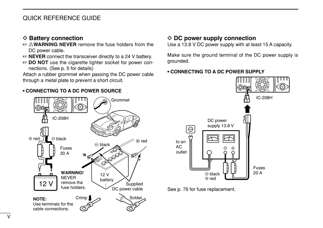 Icom IC-208H instruction manual Battery connection, DC power supply connection, Connecting to a DC Power Source 