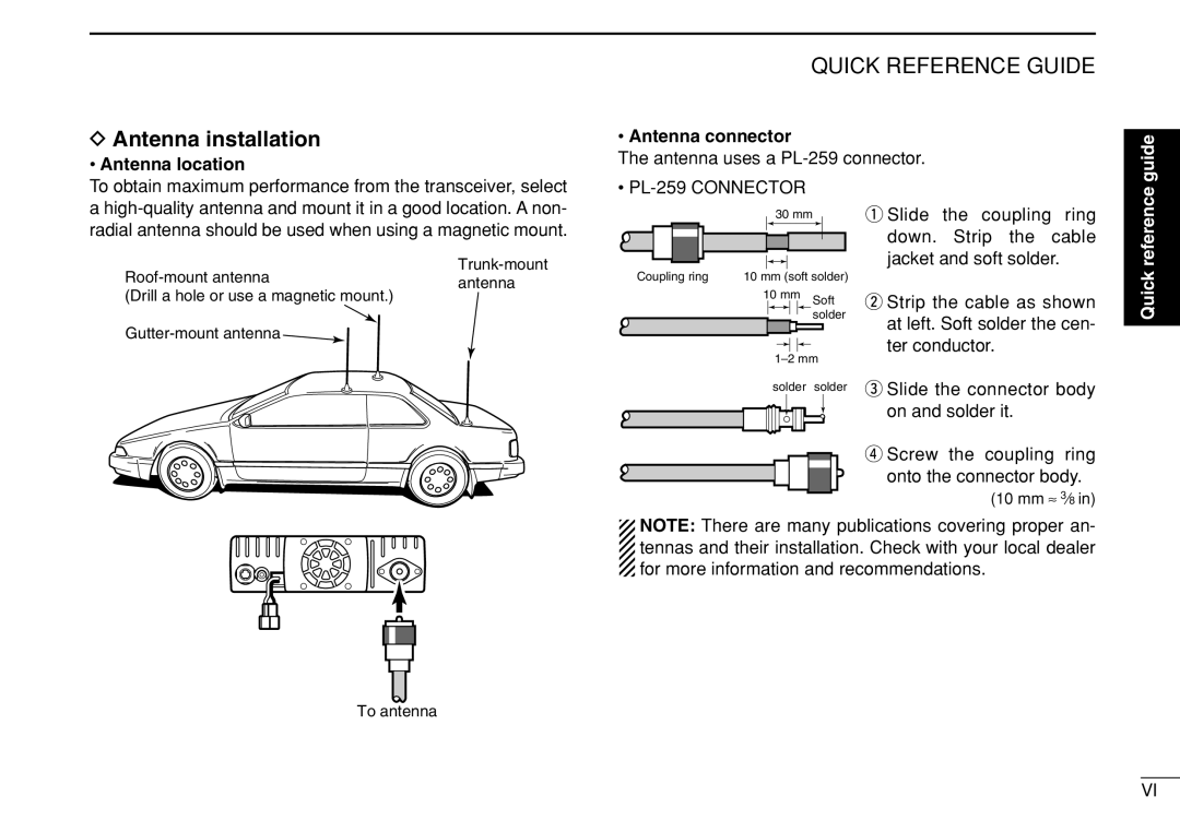 Icom IC-208H instruction manual Antenna installation, Antenna location, Antenna connector, Antenna uses a PL-259 connector 