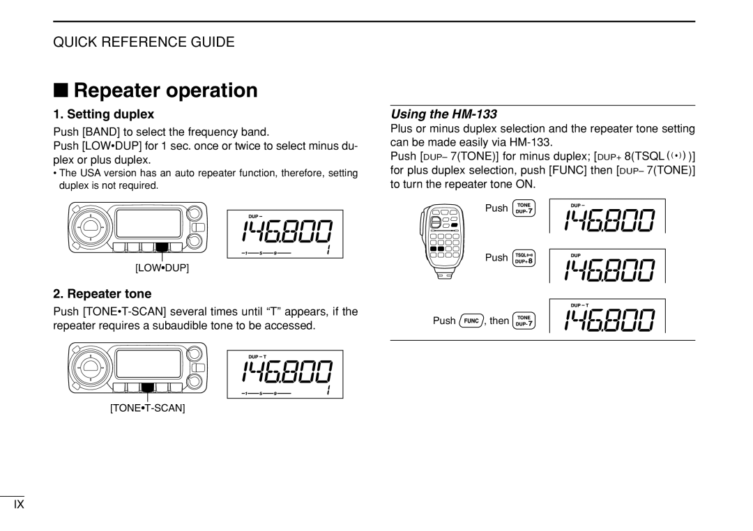 Icom IC-208H instruction manual Repeater operation, Setting duplex 