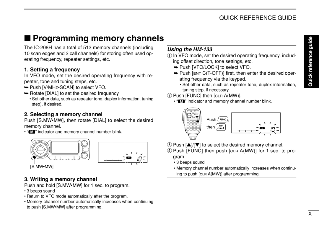 Icom IC-208H Programming memory channels, Push Func then CLR AMW, Push and hold S.MWMW for 1 sec. to program 