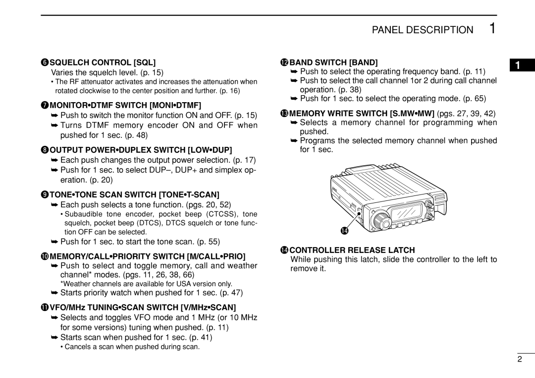 Icom IC-208H instruction manual 0MEMORY/CALLPRIORITY Switch M/CALLPRIO, 2BAND Switch Band, 4CONTROLLER Release Latch 