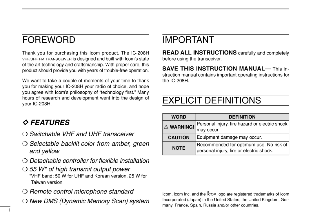 Icom IC-208H Word Definition Rwarning, May occur, Equipment damage may occur, Personal injury, ﬁre or electric shock 