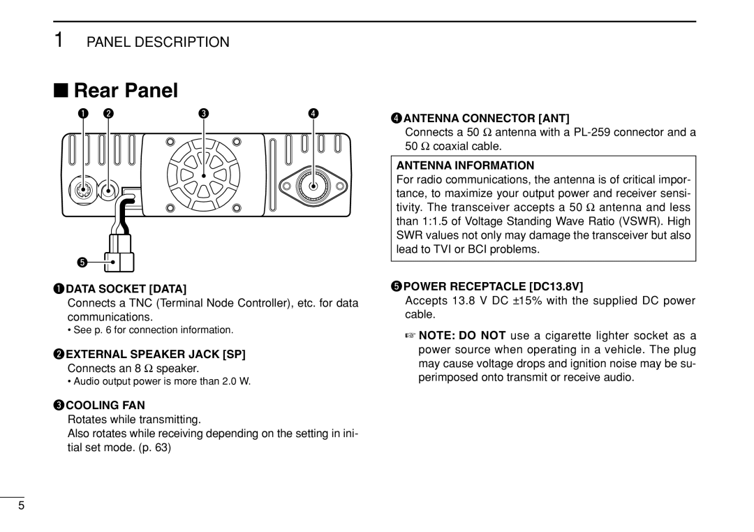 Icom IC-208H instruction manual Rear Panel, Antenna Information 