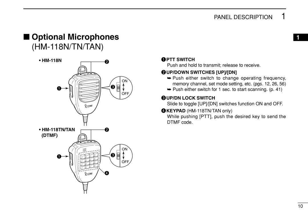 Icom IC-208H instruction manual Optional Microphones HM-118N/TN/TAN 