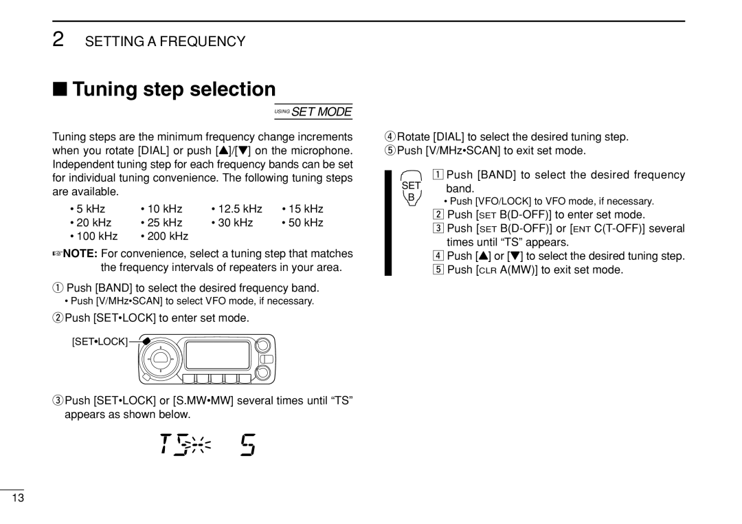 Icom IC-208H instruction manual Tuning step selection, Push Setlock to enter set mode 