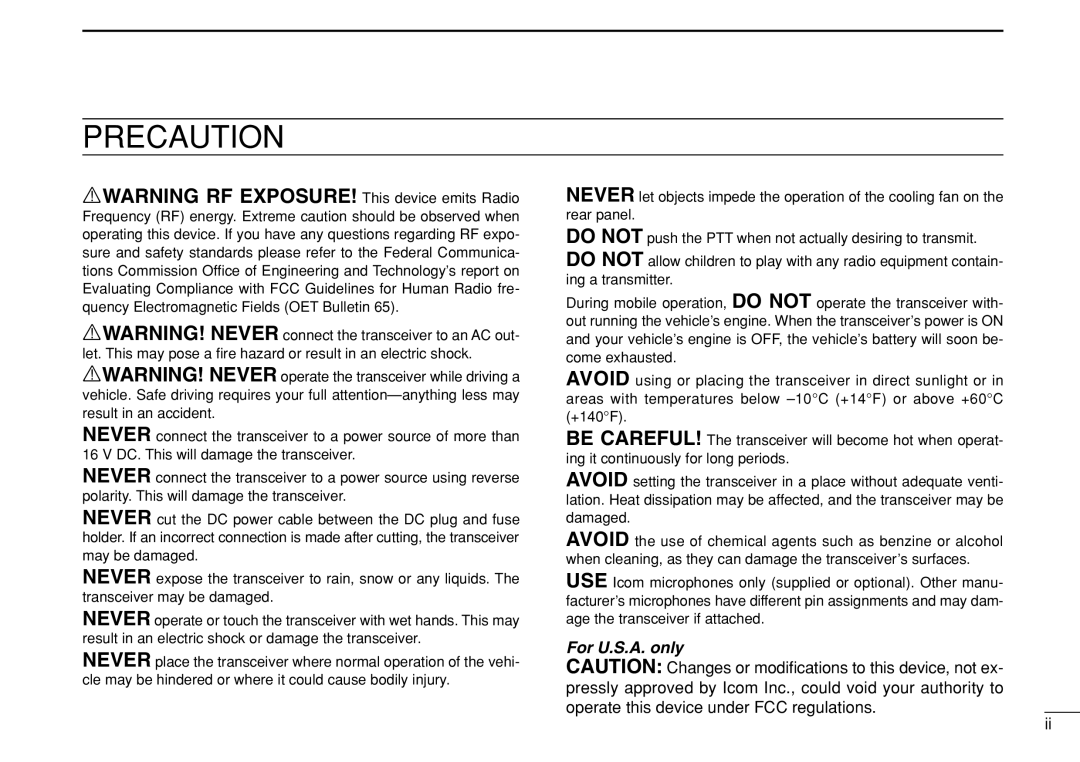 Icom IC-208H instruction manual Precaution, Operate this device under FCC regulations 