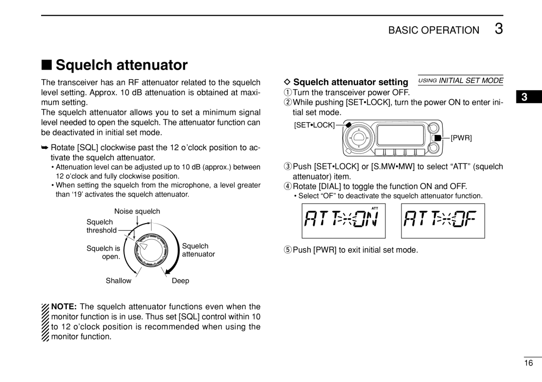 Icom IC-208H instruction manual Squelch attenuator, Push PWR to exit initial set mode 