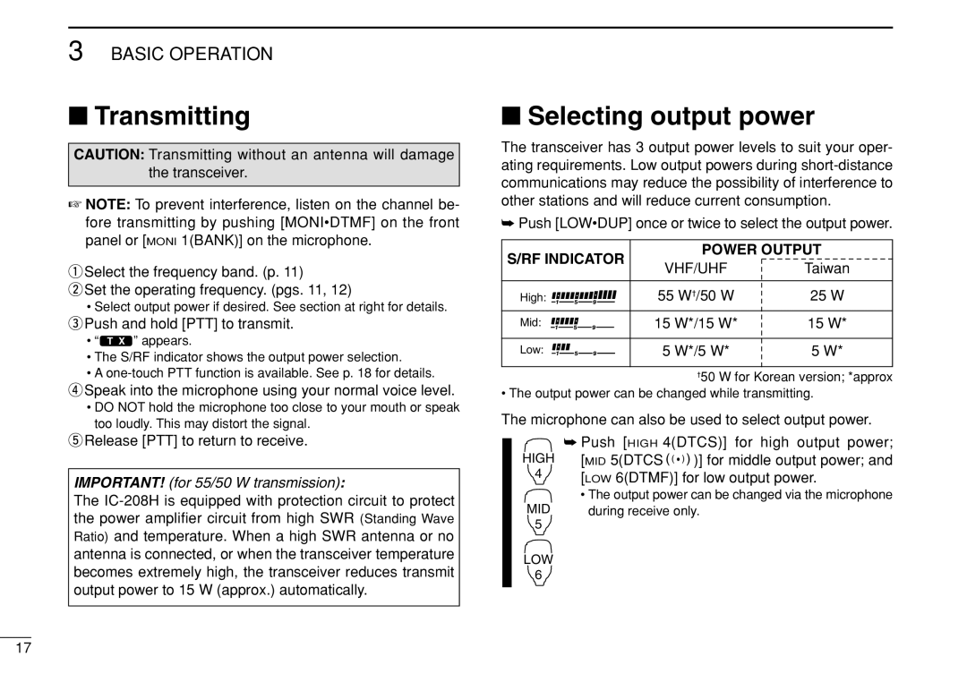 Icom IC-208H instruction manual Transmitting, Selecting output power, RF Indicator Power Output 