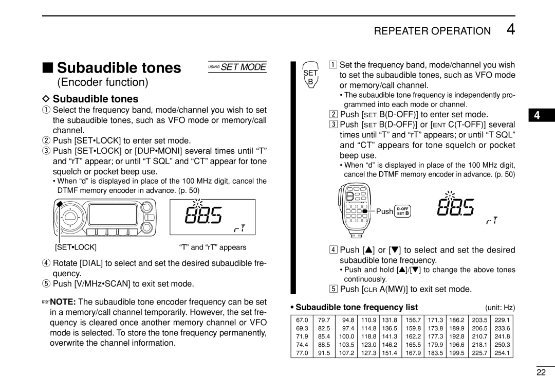 Icom IC-208H instruction manual Subaudible tones, Subaudible tone frequency list 