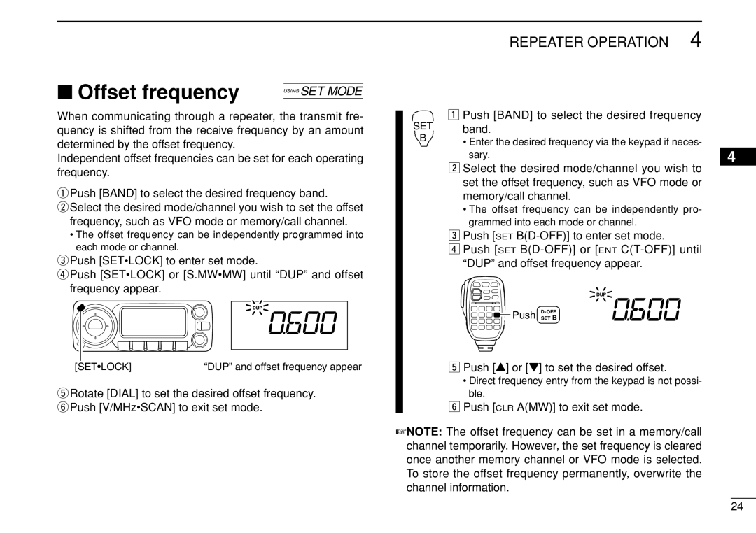 Icom IC-208H Offset frequency, Push Band to select the desired frequency SET band, Push Y or Z to set the desired offset 