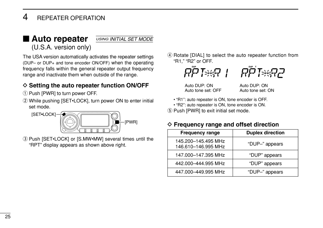 Icom IC-208H instruction manual Setting the auto repeater function ON/OFF, Frequency range and offset direction 