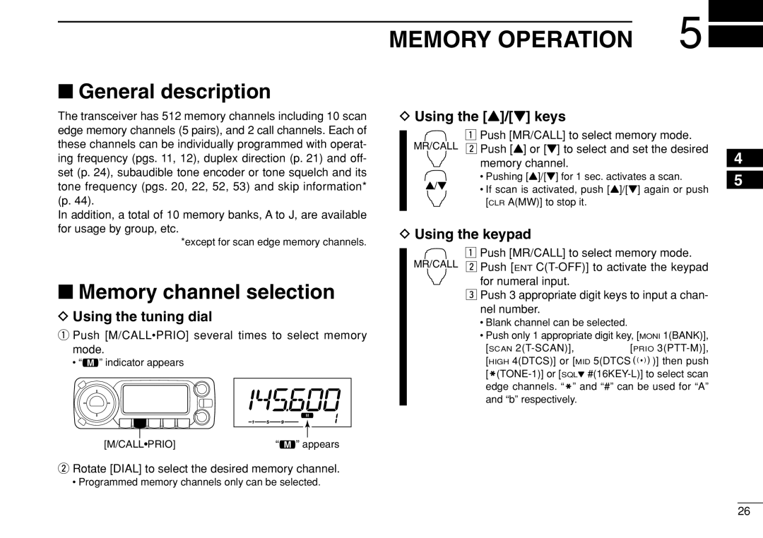 Icom IC-208H instruction manual Memory Operation, General description, Memory channel selection 