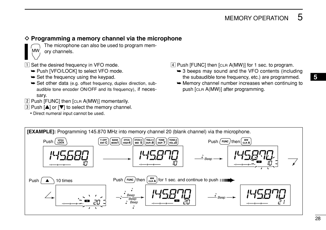 Icom IC-208H instruction manual Programming a memory channel via the microphone 