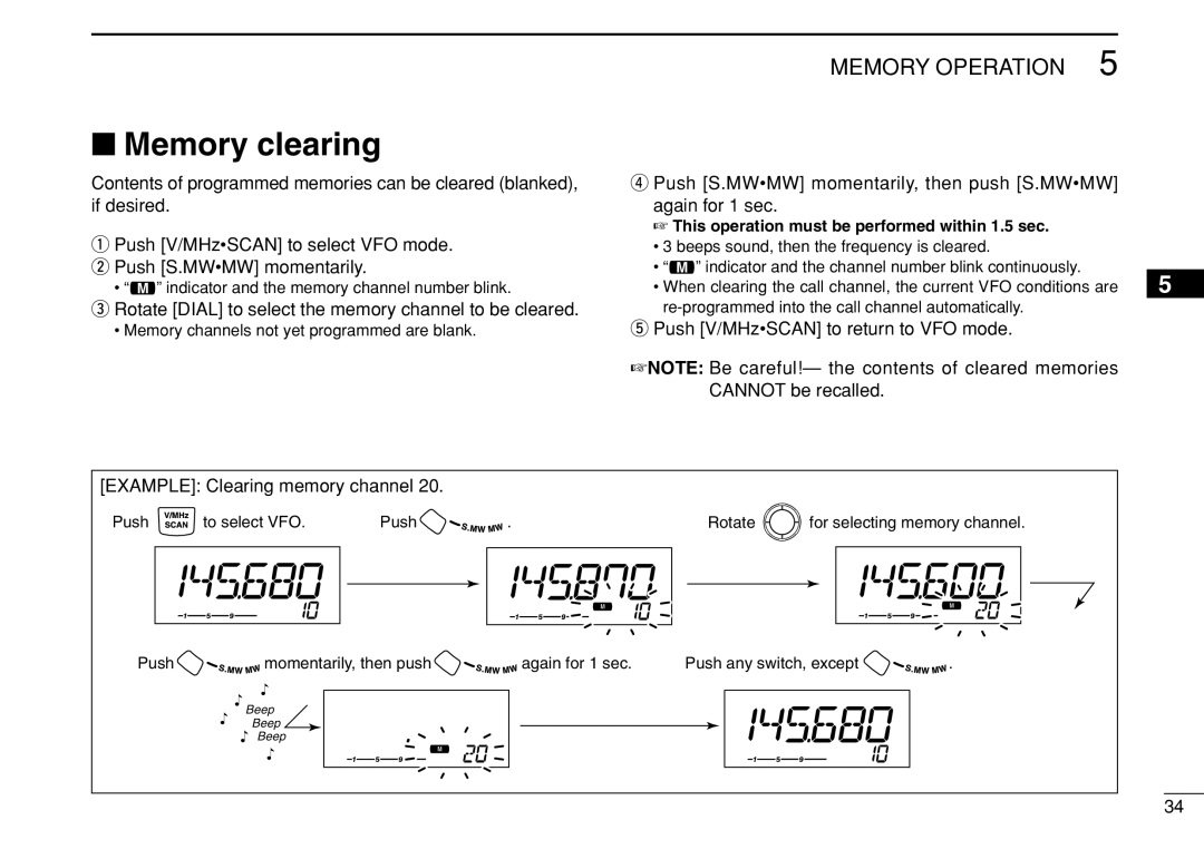 Icom IC-208H instruction manual Memory clearing, Rotate Dial to select the memory channel to be cleared 