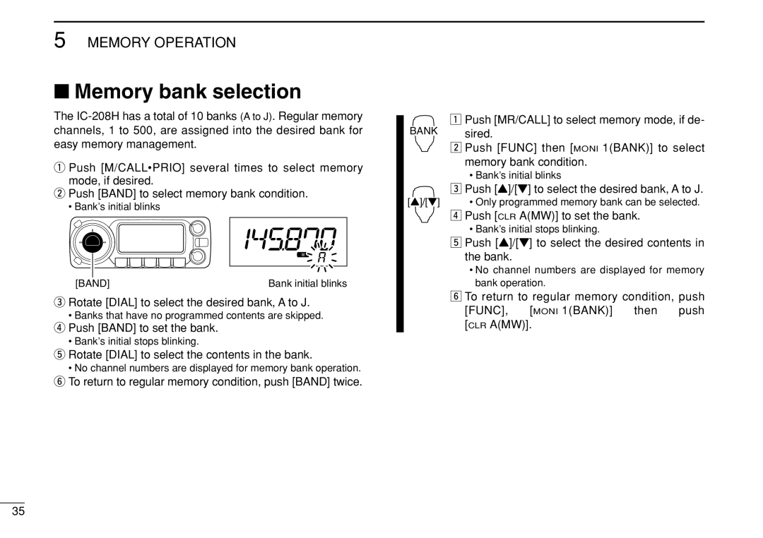 Icom IC-208H instruction manual Memory bank selection, Rotate Dial to select the desired bank, a to J 