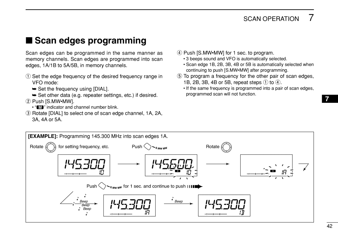 Icom IC-208H instruction manual Scan edges programming, Example Programming 145.300 MHz into scan edges 1A 