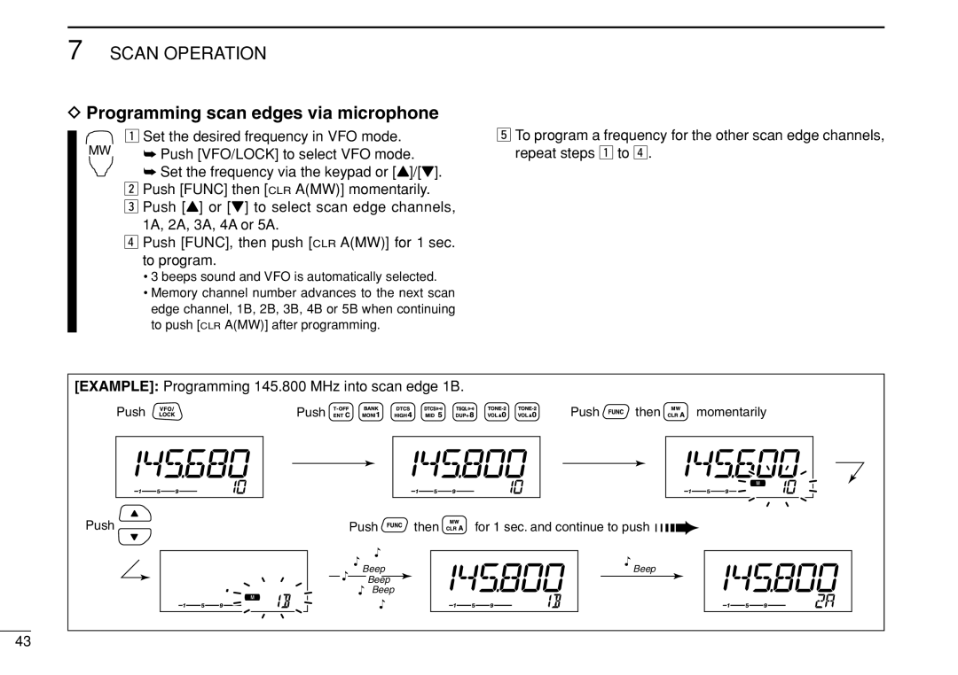 Icom IC-208H instruction manual Programming scan edges via microphone, Set the desired frequency in VFO mode 