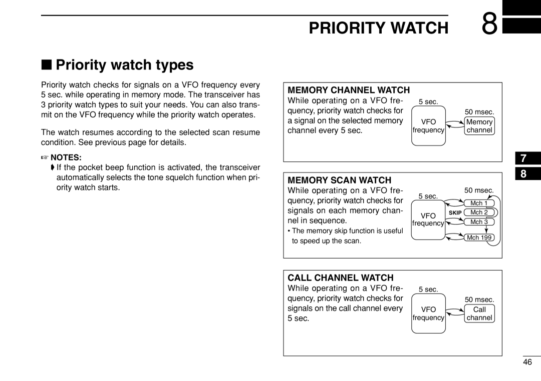 Icom IC-208H instruction manual Priority Watch, Priority watch types, Ority watch starts 