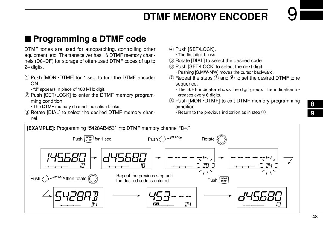 Icom IC-208H Dtmf Memory Encoder, Programming a Dtmf code, Push Monidtmf for 1 sec. to turn the Dtmf encoder on 