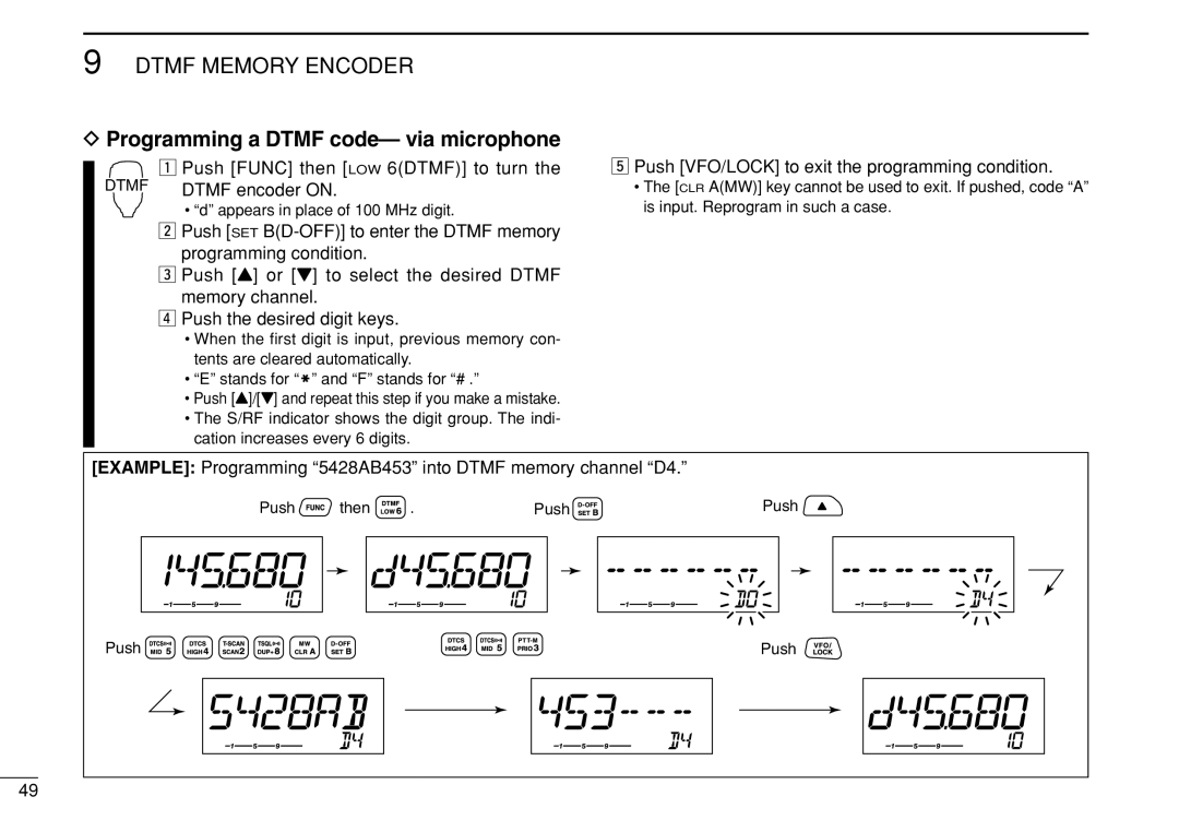 Icom IC-208H Push Func then LOW 6DTMF to turn Dtmf Dtmf encoder on, Push VFO/LOCK to exit the programming condition 