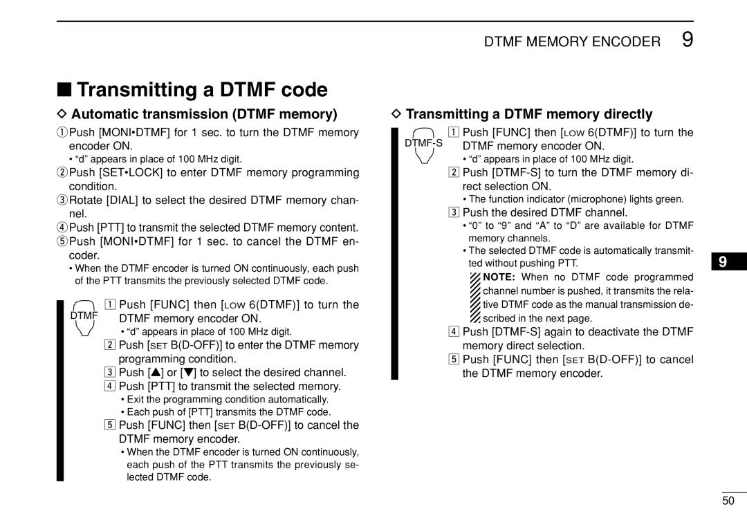 Icom IC-208H Transmitting a Dtmf code, Automatic transmission Dtmf memory, Transmitting a Dtmf memory directly 