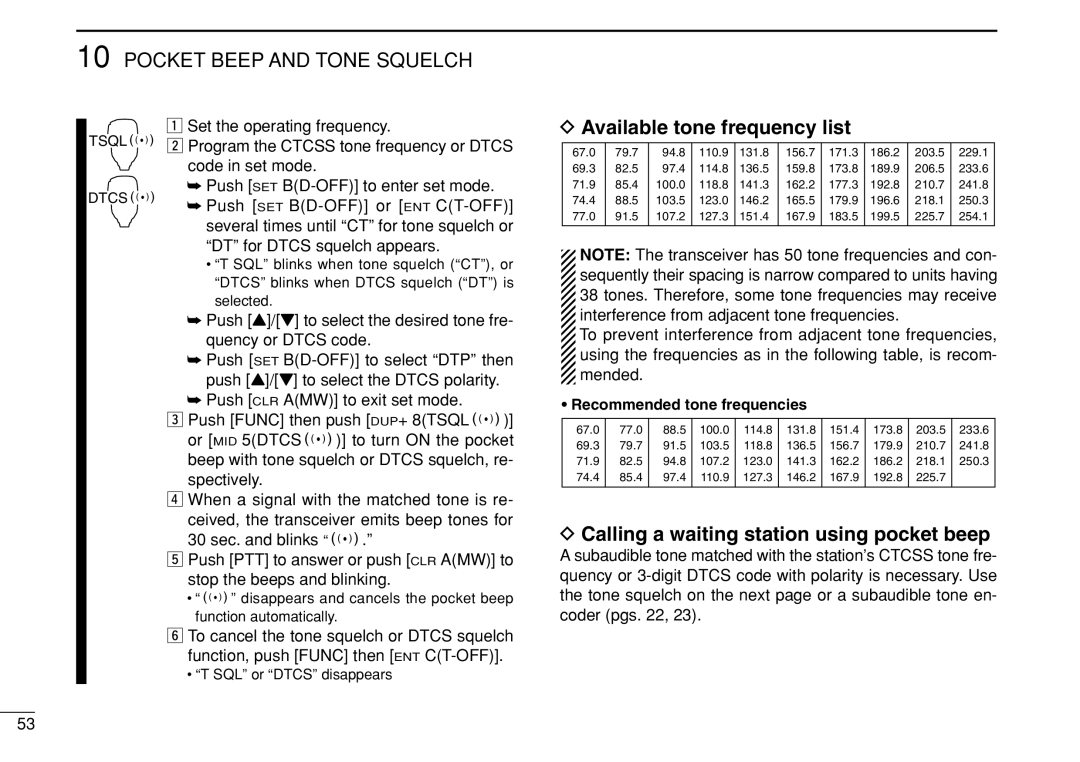 Icom IC-208H instruction manual Available tone frequency list, Calling a waiting station using pocket beep 